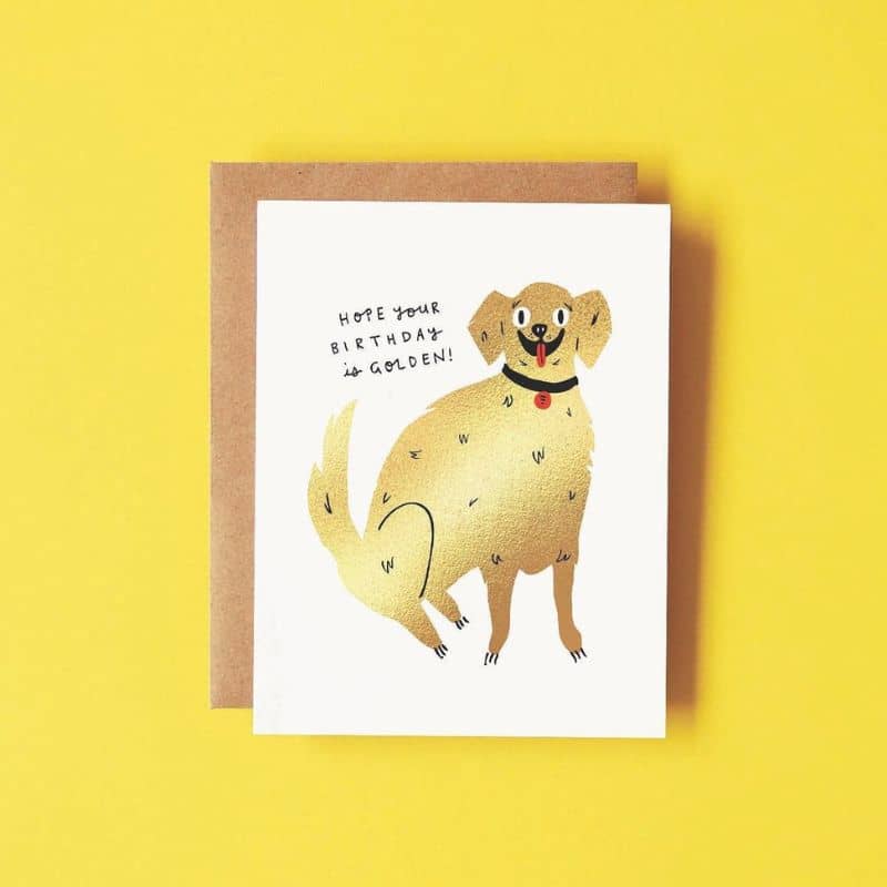 carte anniversaire avec illustration chien à la feuille d'or Badger & Burke