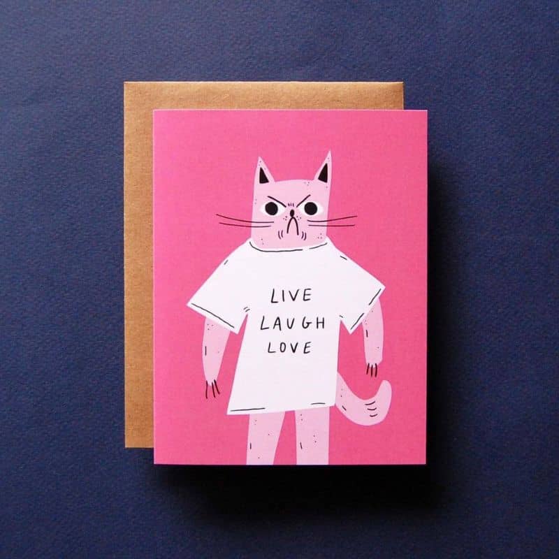 carte postale avec enveloppe saint valentin Live Laugh Love  Badger & Burke illustration chat