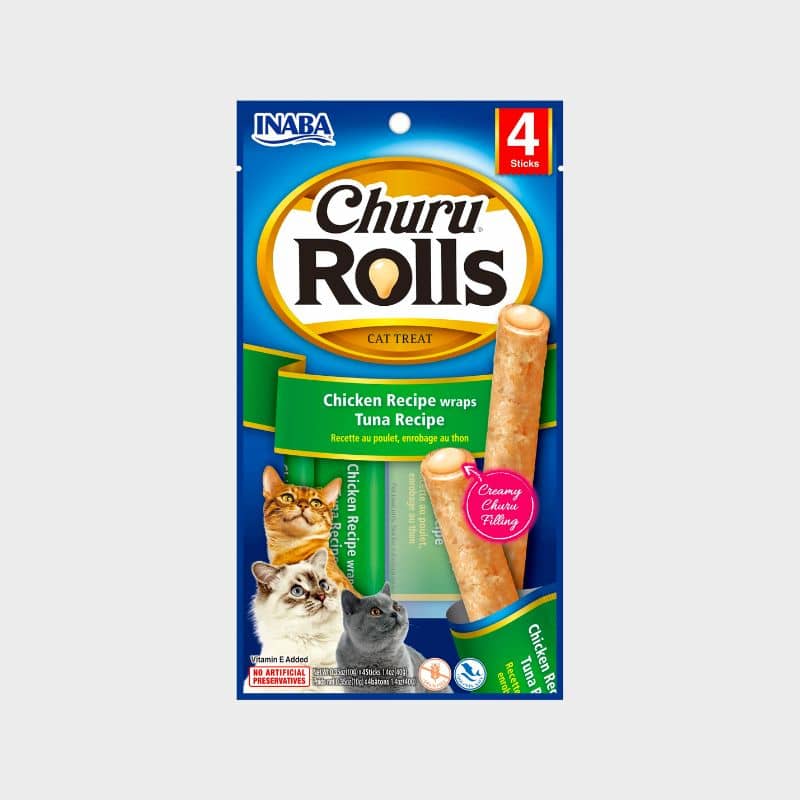 churu rolls inaba : frandises pour chat sous forme de bâtonnet au poulet avec coeur crème de thon 