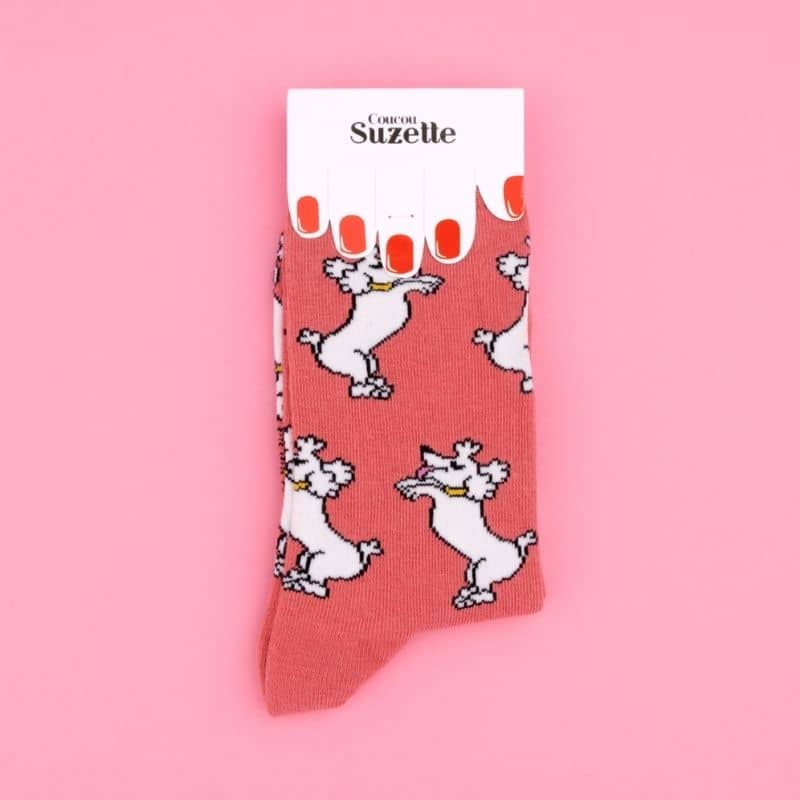 jolie chaussette coucou suzette en coton rose à motif de caniche