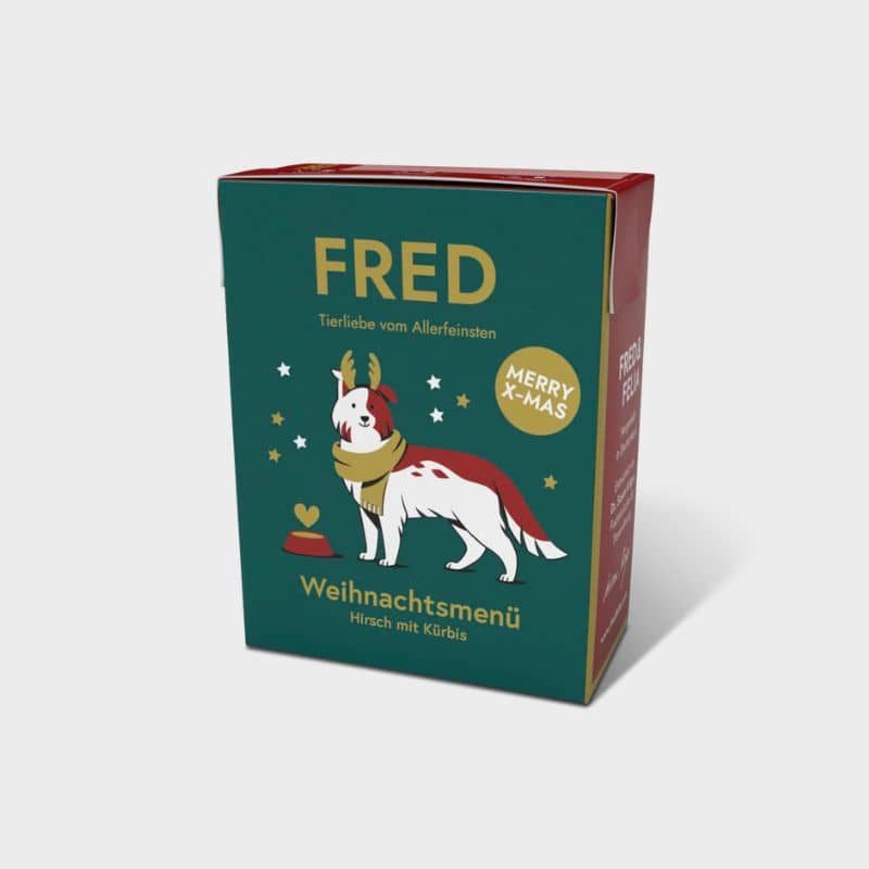 pâtée pour chien Fred & Felia : recette de Noel à base de viande de chevreuil et fromage cottage