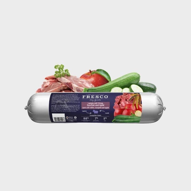 PÂTÉE POUR CHIEN FRESCO SAUCISSE AGNEAU AUX COURGETTES, POMMES ET MILLET
