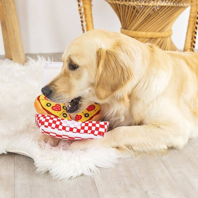 jouet interactif pour chien de la marque Fringe Petshop pour la Saint valentin "Pizza My heart" boite à pizza en forme de coeur pour cacher des friandises et développer le flair