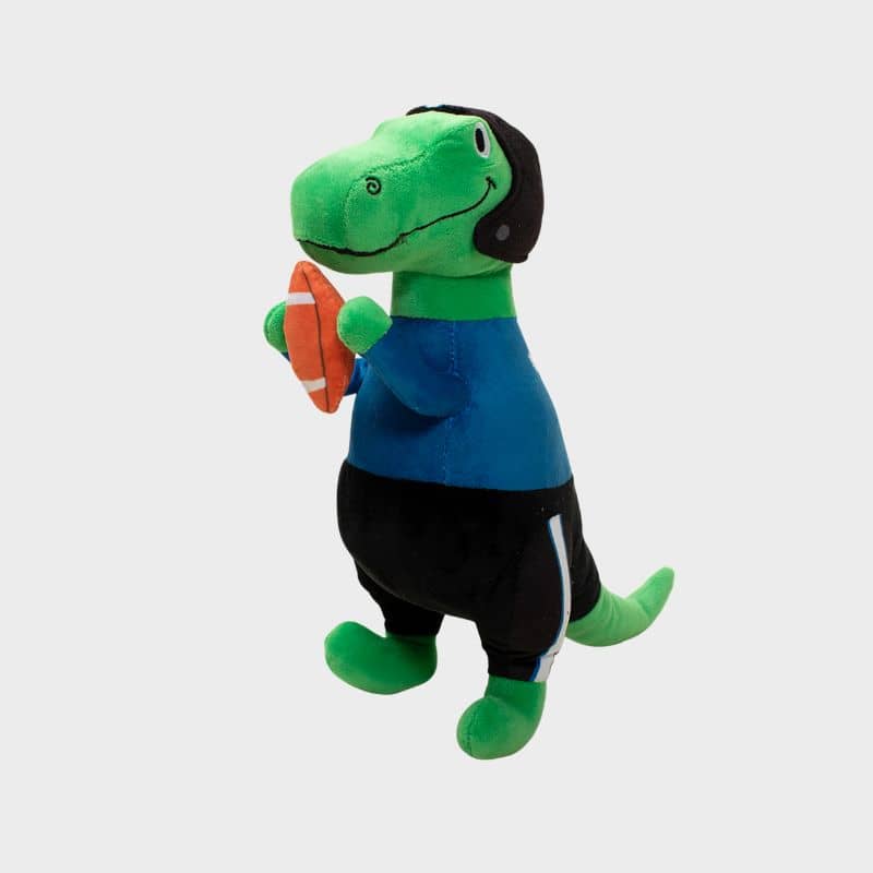 jouet peluche pour chien en forme de dinosaure faisant du football américain "Hustle, hit, never quit"🏈 par la marque Fringe Pet Shop