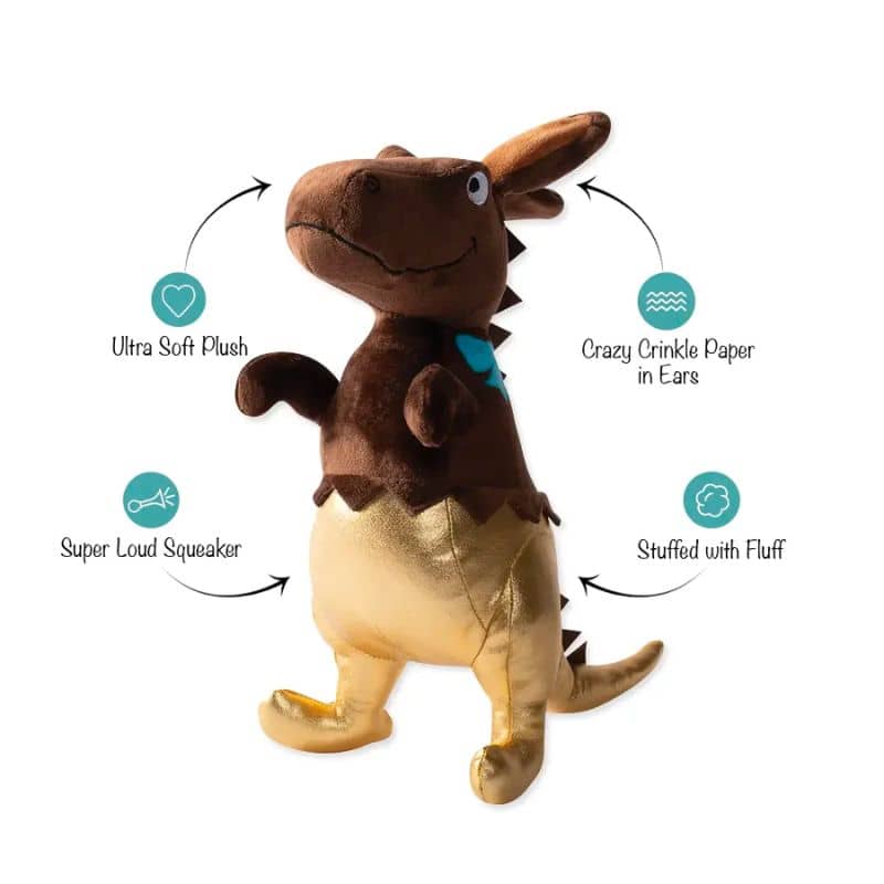 Jouet peluche pour chien en forme de dinosaure déguisé en lapin de paques en chocolat " Choc-a-saurus rex" de la marque Fringe PetShop