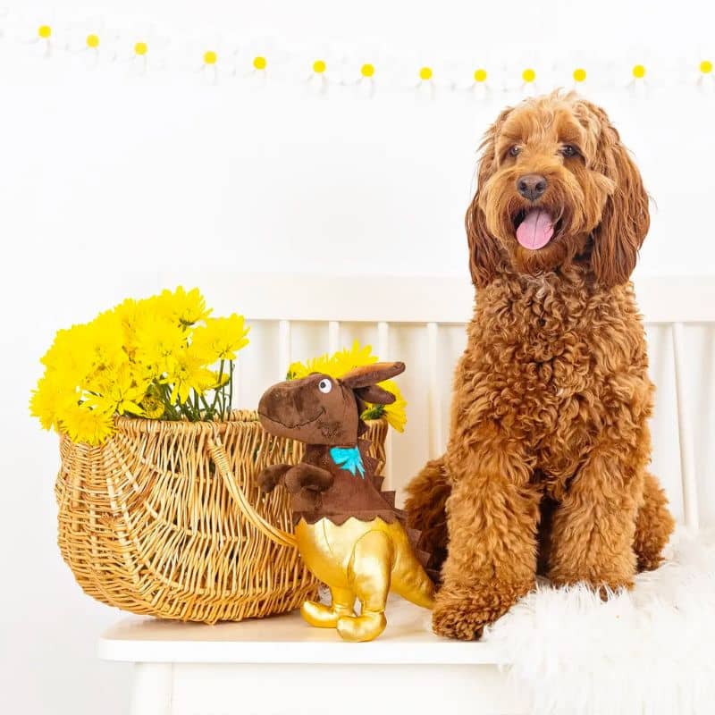 Jouet peluche pour chien en forme de dinosaure déguisé en lapin de paques en chocolat " Choc-a-saurus rex" de la marque Fringe PetShop