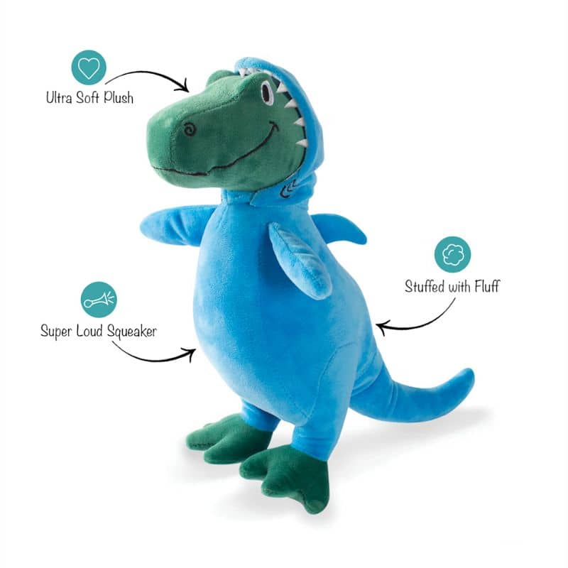 jouet peluche pour chien en forme de dino déguisé en requin  "Shark rex" de la marque Fringe Pet Shop