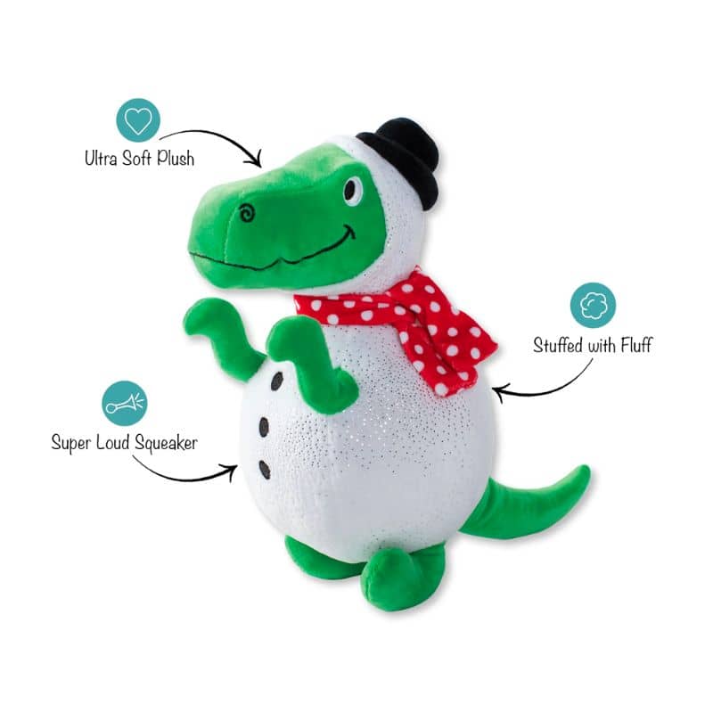 jouet peluche pour chien de la marque Fringe Pet Shop en forme de dinosaure déguisé en bonhomme de neige
