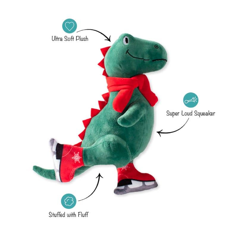 jouet peluche pour chien de la marque Fringe Pet Shop en forme de dinosaure faisant du patins à glace Ice skating rex