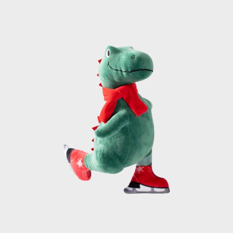 jouet peluche pour chien de la marque Fringe Pet Shop en forme de dinosaure faisant du patins à glace Ice skating rex
