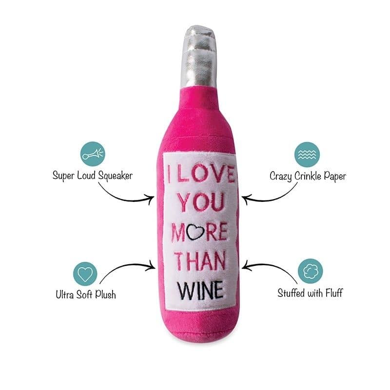 PELUCHE POUR CHIEN EN FORME DE BOUTEILLE "I LOVE YOU MORE THAN WINE"