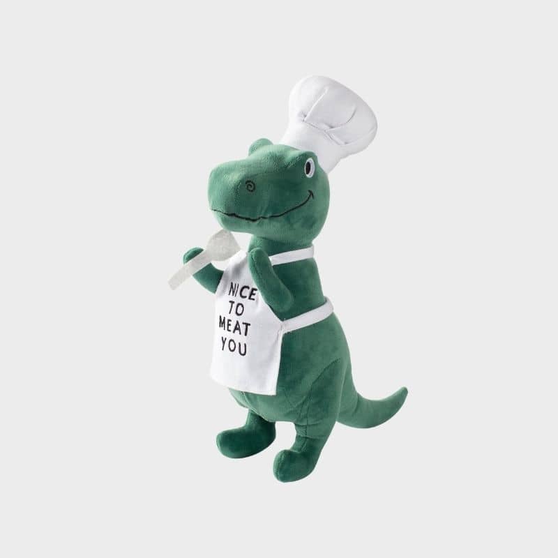 jouet peluche pour chien en forme de dinosaure chef cuisto "King of the Grill" par la marque Fringe Pet Shop