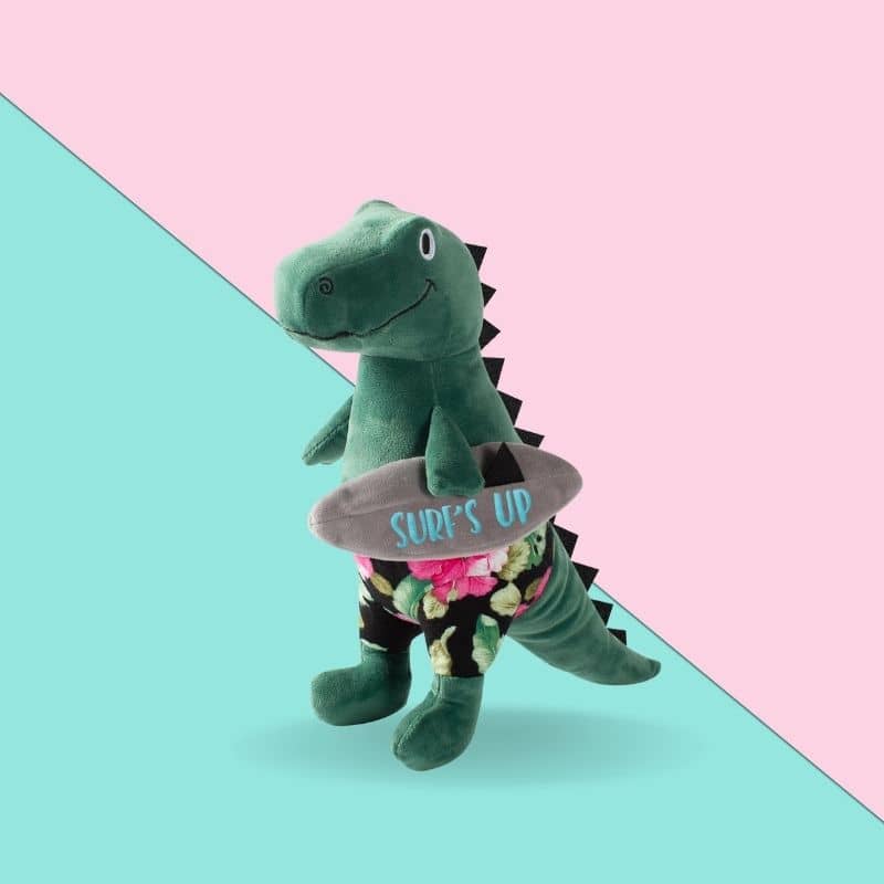 jouet peluche pour chien en forme de dinosaure surfeur "Surf's Up, Dude!" par la marque Fringe Pet Shop