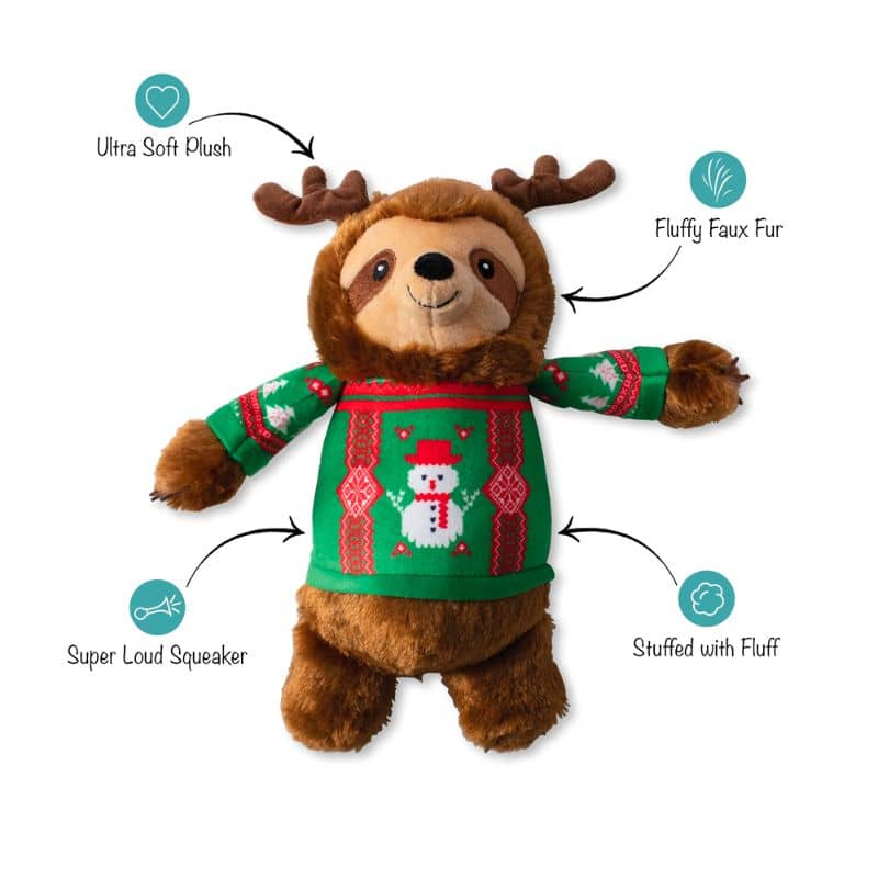 jouet peluche pour chien de la marque Fringe Pet Shop en forme de paresseux avec pull de noel Feeling Festive