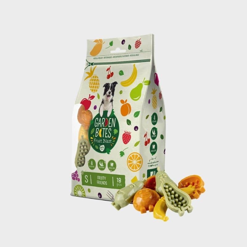 sachet de 18 friandises dentaires vegan à mâcher en forme de fruit "Fruity friends" Garden Bites 