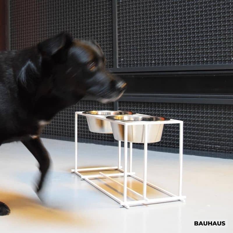 double gamelles en inox pour chien surélevées sur support en métal blanc - Bauhaus dog feeder Hello Pets