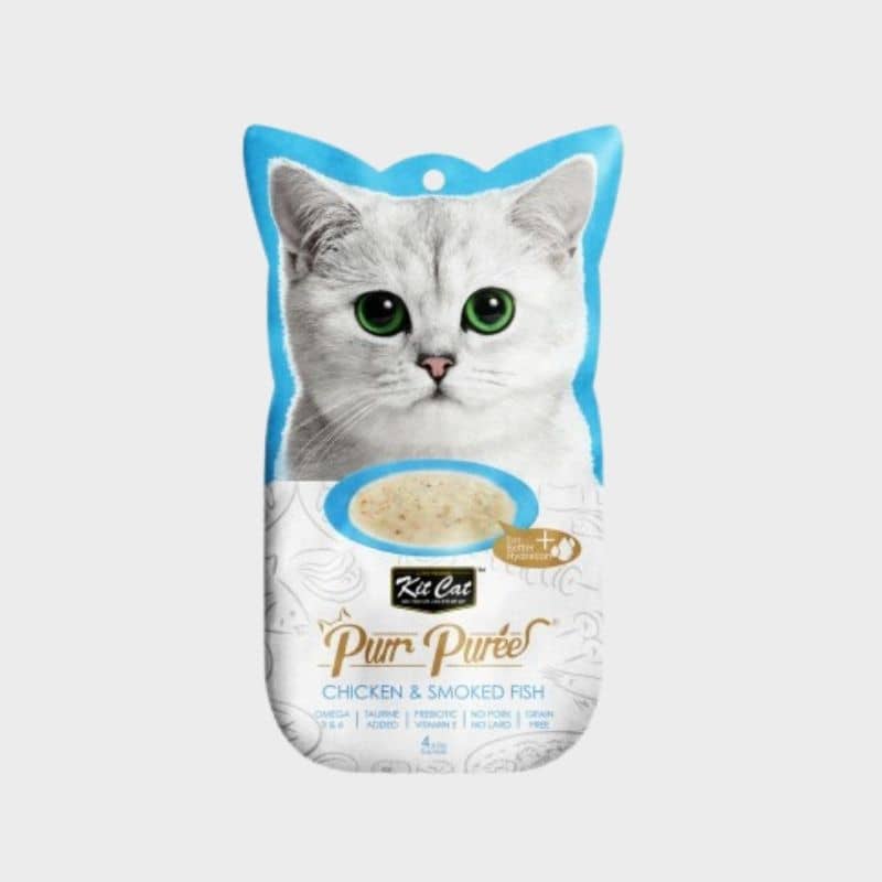 friandises liquides sous forme de stick de purée " Puur Purée" au poulet et poisson fumé pour chat de la marque Kit Cat