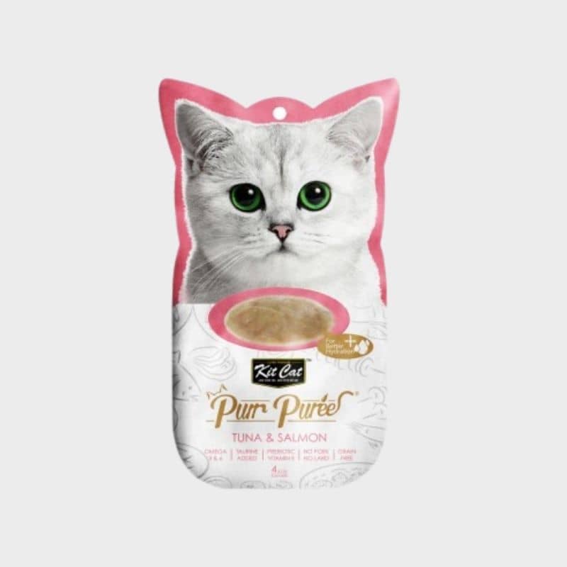 friandises liquides sous forme de stick de purée " Puur Purée" au thon et saumon pour chat de la marque Kit Cat 