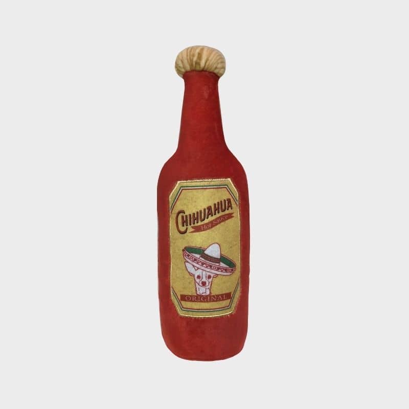 jouet pour chien Chihuahua Hot Sauce en forme de bouteille de sauce piquante Lulubelles 