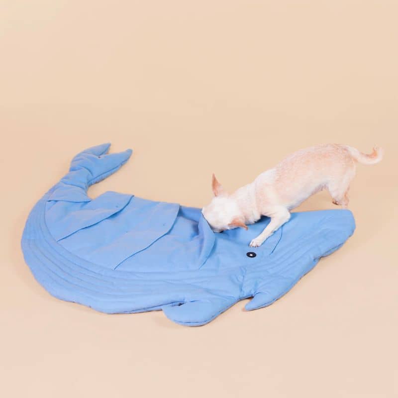tapis de fouille et d'occupation matelassé en matière écologique en forme de baleine bleue de la marque paikka idéal pour occuper et stimuler le chien grâce à la recherche de friandises faisant travailler son flair. peut également être utilisé comme matelas d'appoint
