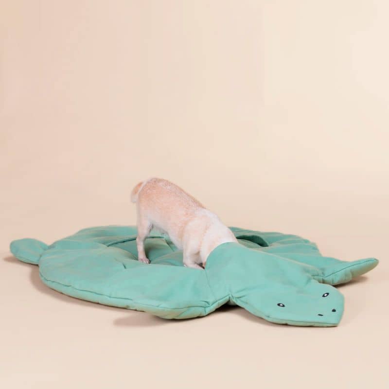 tapis de fouille et d'occupation matelassé en matière écologique en forme de tortue verte de la marque paikka idéal pour occuper et stimuler le chien grâce à la recherche de friandises faisant travailler son flair. peut également être utilisé comme matelas d'appoint