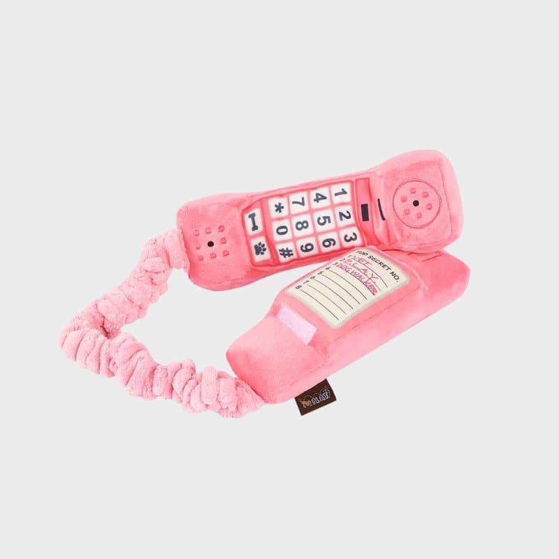 Jouet pour chien en forme de téléphone rose avec corde