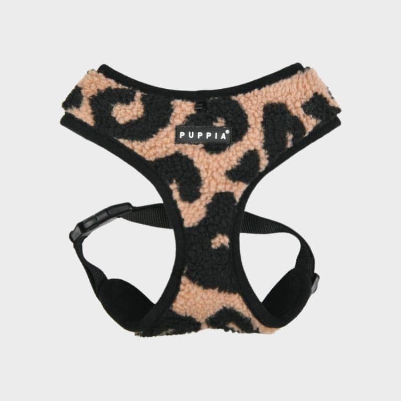 Harnais pour chien effet moumoute imprimé vache noir et beige