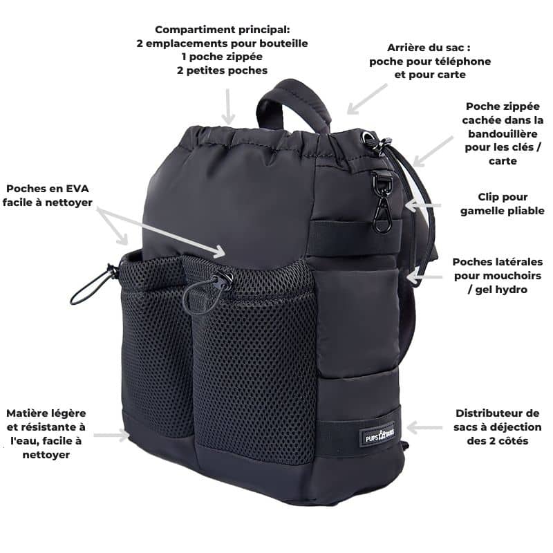 sac de balade avec de nombreux rangements Everyday Dog Walking bag en noir Pups & Bubs
