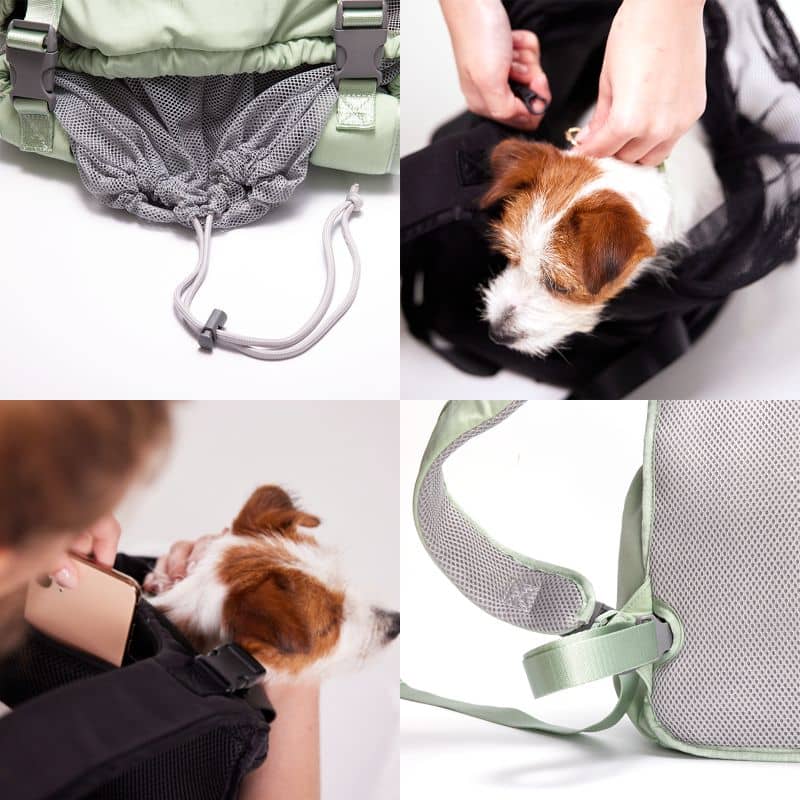 Détail du sac de transport pour chien en noir ou vert menthe