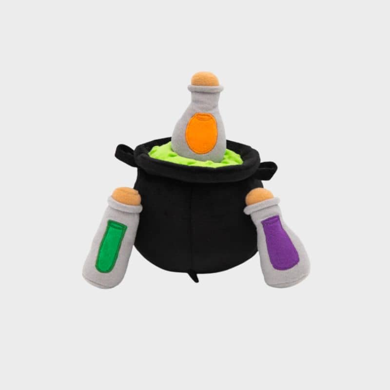 jouet interactif pour chien "peluche à cachette" burrow witch brew Zippypaws chaudron magique et potion