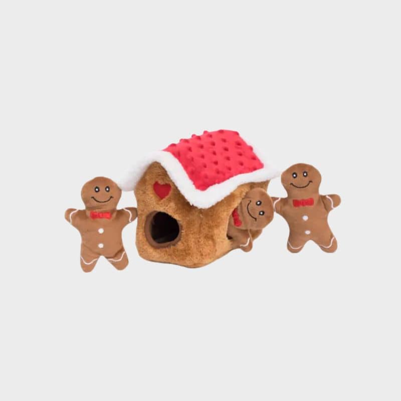 jouet de noel pour chien peluche à cachette pour développer le flair Zippypaws en forme de maison en pain d'épices et 3 petits bonhommes gingerbread 